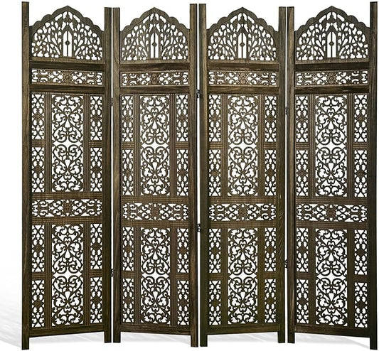 5.75Ft Room Divider Wood Screen, 33Lbs Durable Antiqued Style MDF Carved Headboard, Reversible Freestanding Folding Partition Paravent for Home Terrace, 69 * 71 inch(H*W) - 4 Panels (Antique Brown)