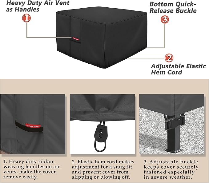 Porch Shield Fire Pit Cover - Waterproof 600D Heavy Duty Fade Resistant Square Patio Fire Pit Table Cover Black - 40 x 40 inch