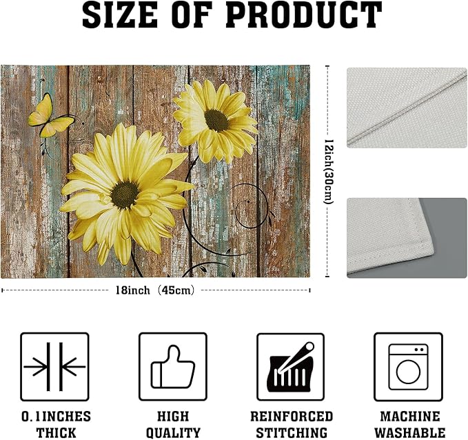 Giwawa Rustic Daisy Placemats Set of 4- Yellow Sunflowers Vintage Wood Board Linen Place Mat- Farmhouse Wooden Floral Non Slip Heat Resistant Table Mats for Kitchen Dining Cabin Lodge Decor