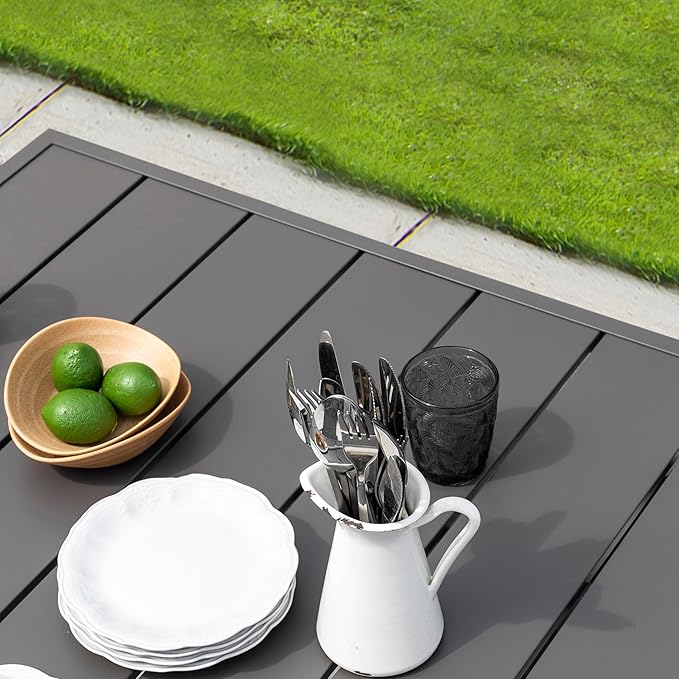 NUU GARDEN 37" Outdoor Patio Table, 4 Person Steel Slat Square Dining Table with 1.57" Umbrella Hole, Slatted Top and Powder Coated Iron Frame for Patio, Garden and Balcony, Gray