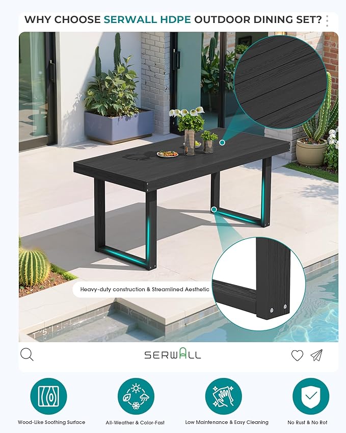 SERWALL HDPE Outdoor Dining Set for 4, 67'' All Weather Patio Dining Table and Chairs Set for Deck, Lawn, Black