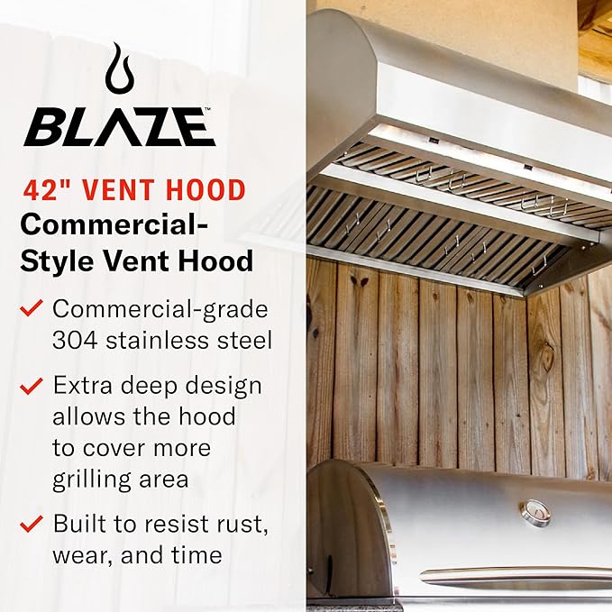 Blaze 42-Inch Outdoor Vent Hood | 304 Stainless Steel Construction | Dual 1000 CFM Blowers with 4-Speed Fan Control | Commercial Baffles & Halogen Lights | BLZ-42-VHOOD