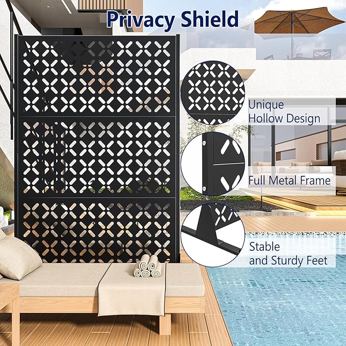 Metal Privacy Screen Outdoor, 72" H Freestanding Privacy Fence with Sturdy Stands, Decorative Privacy Panels Shield for Courtyard, Balcony, Garden and Other Indoor Places(X-Shaped-Fence)