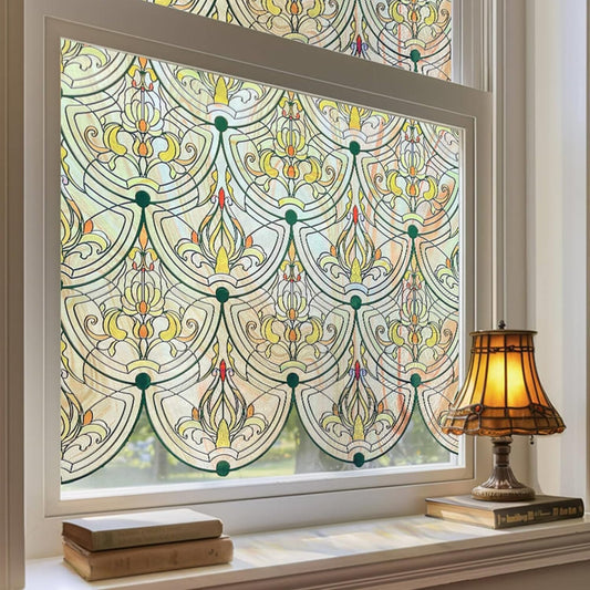 3D Stained Glass Window Film, Decorative Window Privacy Film for Bathroom,Front Door,Home, Sun Blocking Heat Control,Static Cling, Golden Ironwork 17.5inch x 47.24inch