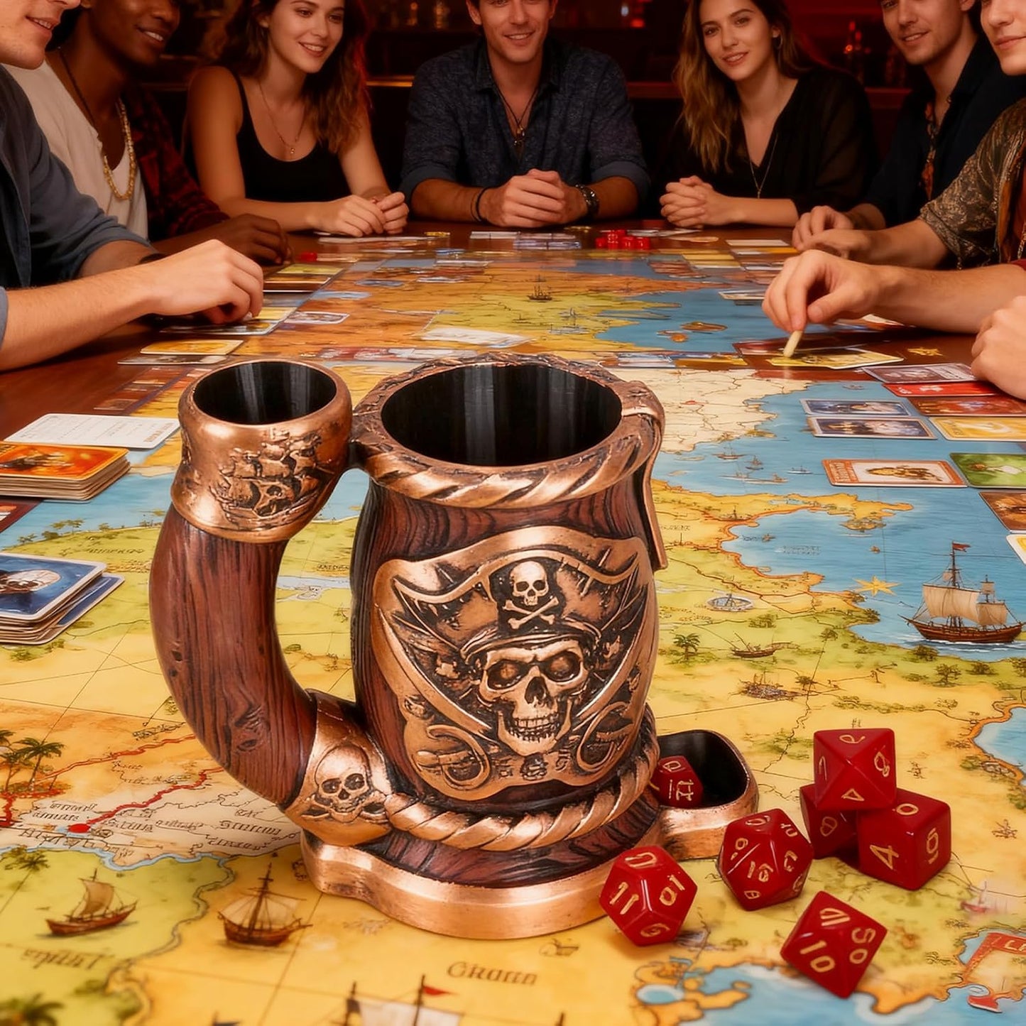 Dice Tower Mug, Dice Rolling Tower, Comes with 7 PCS Dice Set, Suitable for DND Dungeons and Dragons, Tabletop Games, Available As Drink Holder, D&D Gifts, DND Accessories (Wooden Skull)