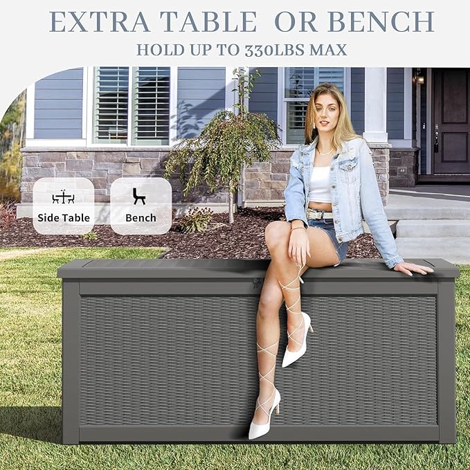 NUNU LAB Outdoor Storage Box, 320 Gallon Deck Box, Resin Waterproof Outside Storage Bench, Outdoor Storage Cabinet With Lockable Lid, Backyard Deck Box For Garden Tools, Patio Cushions, Grey