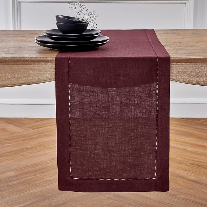 Solino Home Linen Burgundy Table Runner 90 Inches Long - 100% Pure Linen 14 x 90 Inch Table Runner for Valentines, Winter - Classic Hemstitch