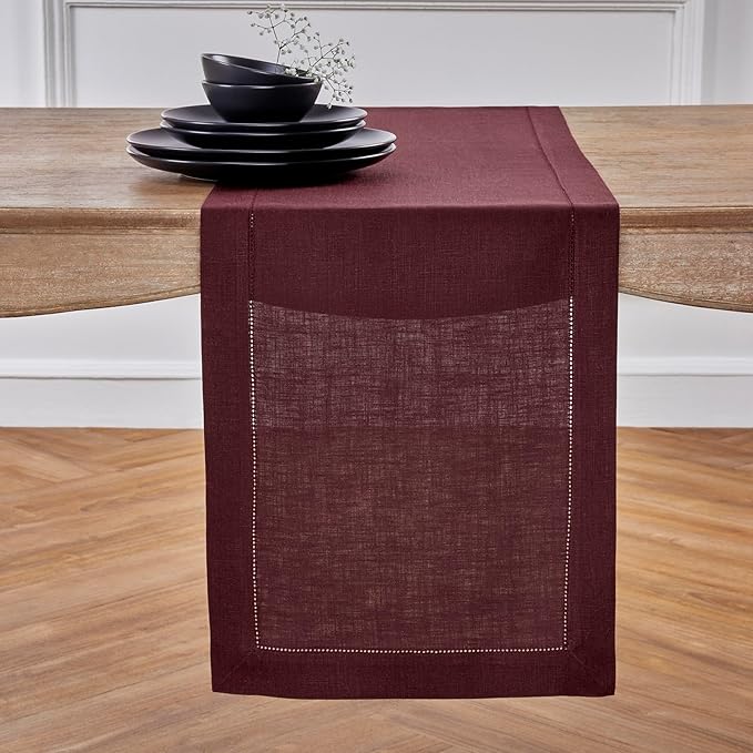 Solino Home Linen Burgundy Table Runner 120 Inches Long - 100% Pure Linen 14 x 120 Inch Table Runner for Valentines, Winter - Classic Hemstitch