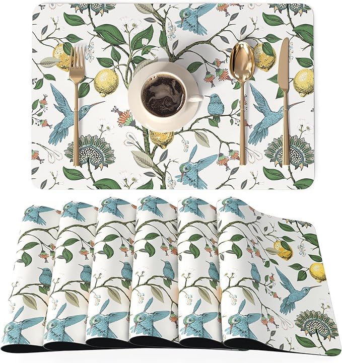 QIYI Placemats Set of 6, 12x18 Inch Faux Leather Place Mats for Kitchen Dinning, Heat Resistant Anti Slip Birds Table Mats, Waterproof Wipeable Washable Placemat Party Table Décor, Vintage Lemon Trees