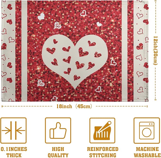 Valentine Hearts Placemats Set of 4, 12x18 Inch Red White Love Heart Linen Table Mats Romantic Wedding Heat Resistant Washable Place Mat for Party Kitchen Dining Outdoor Indoor Decor