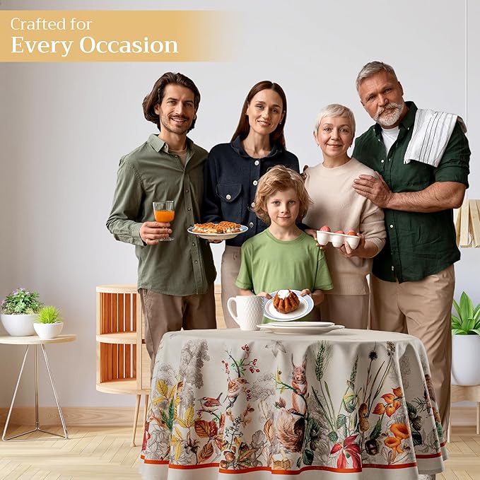 Maison d' Hermine Table Cloth Round Table 100% Cotton 63 Inches Fall Tablecloth Reusable Everyday Use for Thanksgiving Christmas Decorations Dining Farmhouse Party (Recolte)
