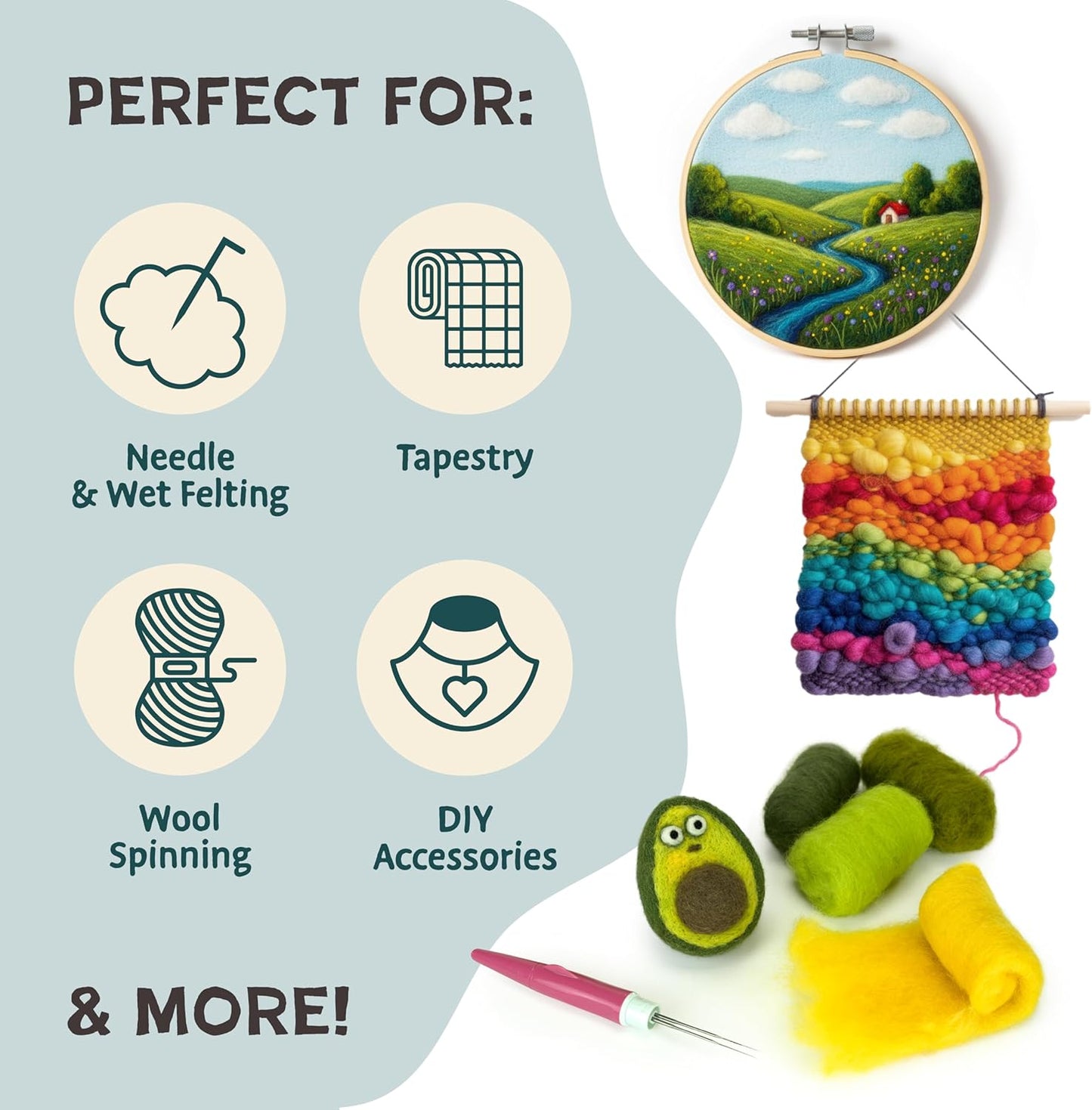 Woolbuddy Wool Roving– 60 Assorted Corriedale Colors for Needle Felting – Soft Multi-Color Wool Fiber for Wet & Dry Felting, DIY Felting Kit for Adults & Beginners