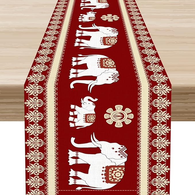 African Tribe Table Runner, Boho Red Elephants Tribal Traditional Diwali India Animal Ethnic Folk Rustic Coffee Table Center Decor for Home Kitchen Holiday Party Outdoor Table Decorations, 13"x90"