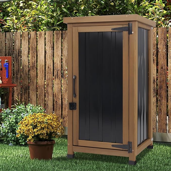 Small Outdoor Storage Cabinet Waterproof with Metal Top, Wood & Metal Outside Potting Bench Table Tool Organizer with Adjustable Shelf for Patio Backyard Garden