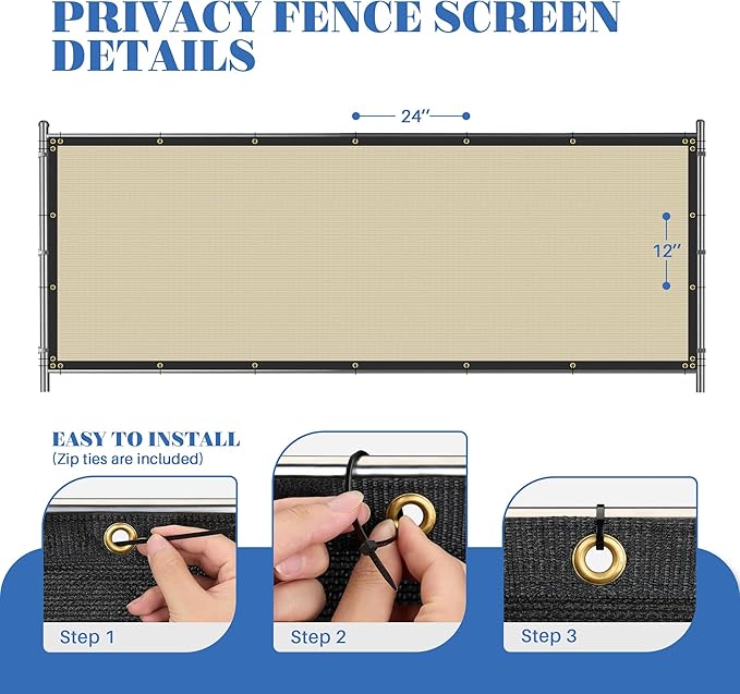 ECOOPTS 8'x190' Privacy Fence Screen Windscreen with Copper Grommets, Fit for Commercial Fence and Residential Garden Outdoor 90% UV Blockage, Cable Zip Ties Included (Beige)