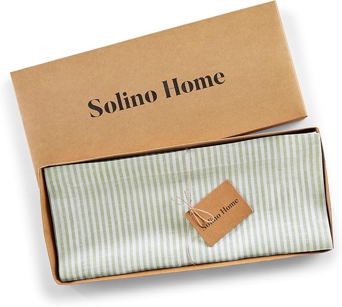 Solino Home Linen Table Runner 90 Inches Long - Narrow Stripe, 100% Pure Linen Avocado and White Farmhouse Table Runner 14 x 90 Inch for Dining, Winter, Spring, St Patricks Day, Easter