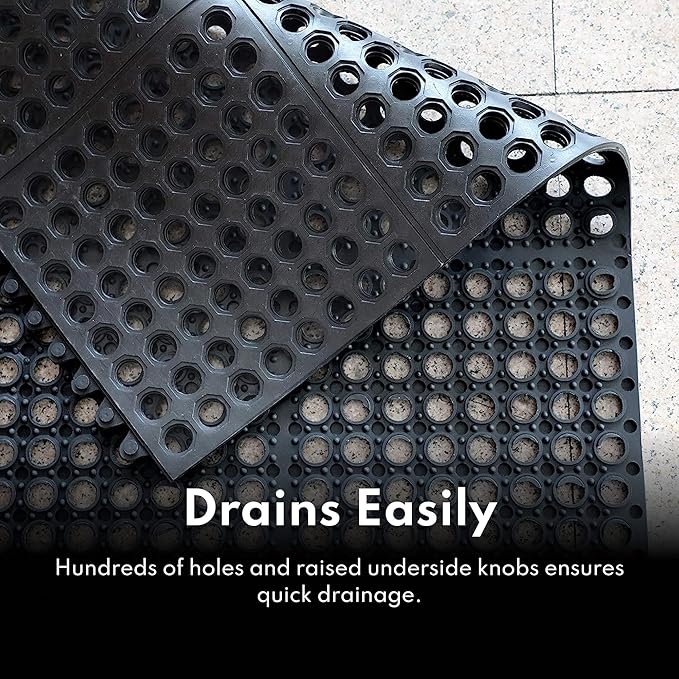 New Star Foodservice 54491 Commercial Grade Grease Resistant Anti-Fatigue Interlocking Rubber Floor Mat, 36" x 36", Black