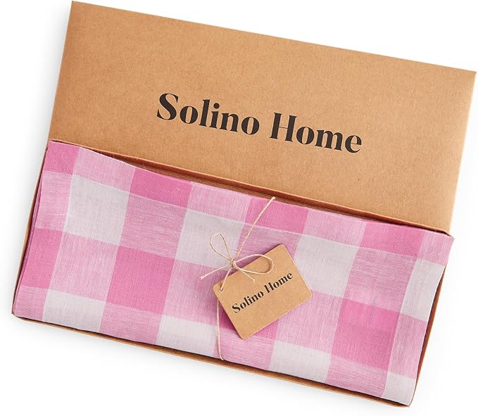 Solino Home Linen Checkered Table Runners 72 Inches Long - 100% Pure Linen Pink Begonia Buffalo Check Table Runner 14 x 72 Inch Ideal for Dresser, Dining, Valentines, Spring, Easter