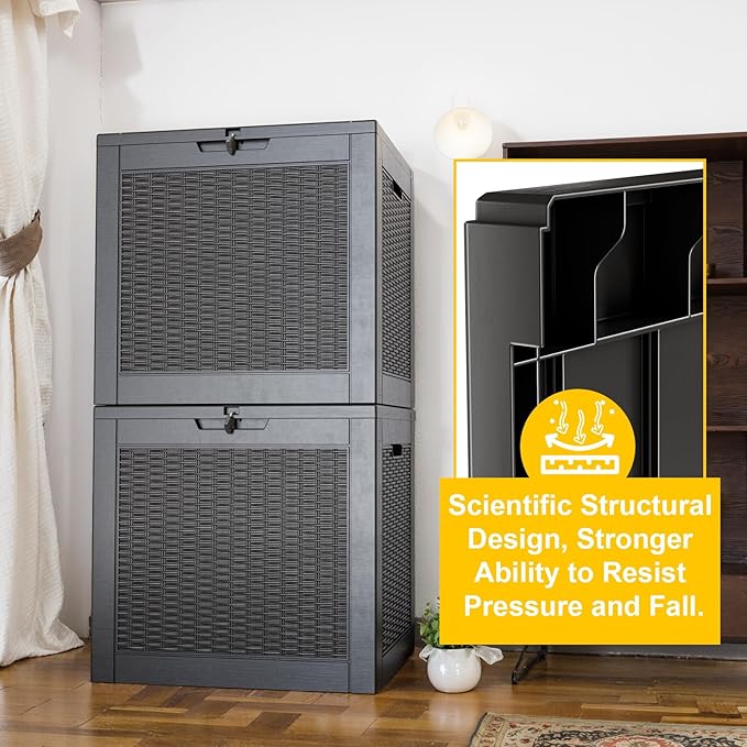 31 Gallon Waterproof Outdoor Resin Deck Box with Lockable Lid, Stylish Wicker Pattern, Easy Assembly Features and Convenient Handles for Patio Cushion, and other Patio Furniture (Black)