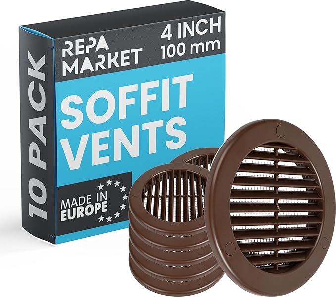 Repa Market 4 Inch (Opening) Brown Round Air Vent Cover - Pack of 10 Plastic Fresh Air Intake Vent - Grill Cover with Nylon Mesh Screen - Wall or Ceiling HVAC Return Air Register - Modern Soffit Vents