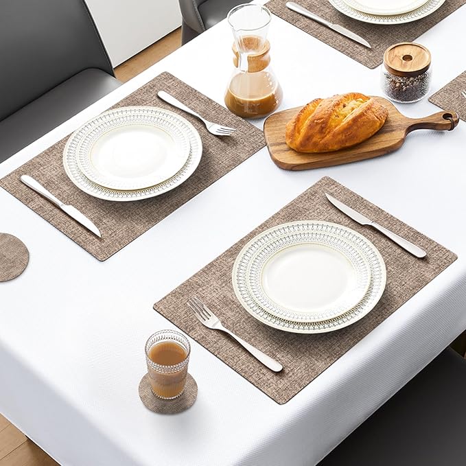 MOSAYT Faux Leather Placemats Set of 6, Heat Resistant Wipeable Washable Vinyl Place Mats with Coasters, Waterproof Oil Proof Table Mats for Kitchen Dining Party Indoor Outdoor, 12" x 17", Khaki