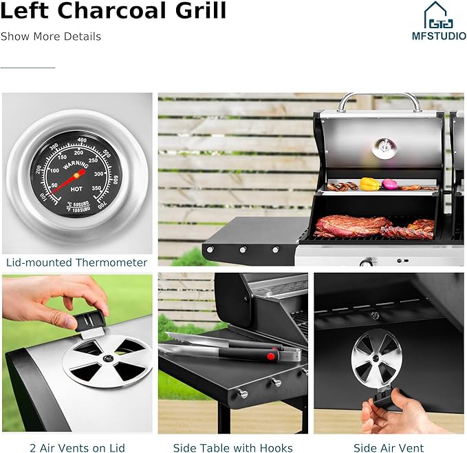 MFSTUDIO 3 In 1 Gas and Charcoal Grill Combo with Side Burner, Porcelain-Enameled Cast Iron Grate, Extra Large Dual-Function BBQ Propane Grills for Outdoor Barbecue Cooking, 690 SQIN Cooking Area