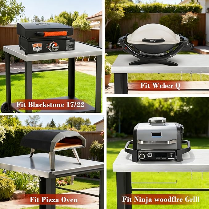 34" x 24" Movable Stainless Steel Flattop Grill Cart for Ninja Woodfire & Blackstone Griddles, Pizza Oven Table for Outside, Extra-Wide Stainless Steel Cart with Wheels for Kitchen Food Prep Table