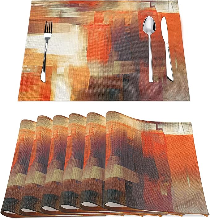 Orange Placemats for Dining Table Set of 6 Modern Art Abstract Painting Place Mats Washable Linen Placemat for Kitchen Home Dinner Party Decor 18x12 Inches