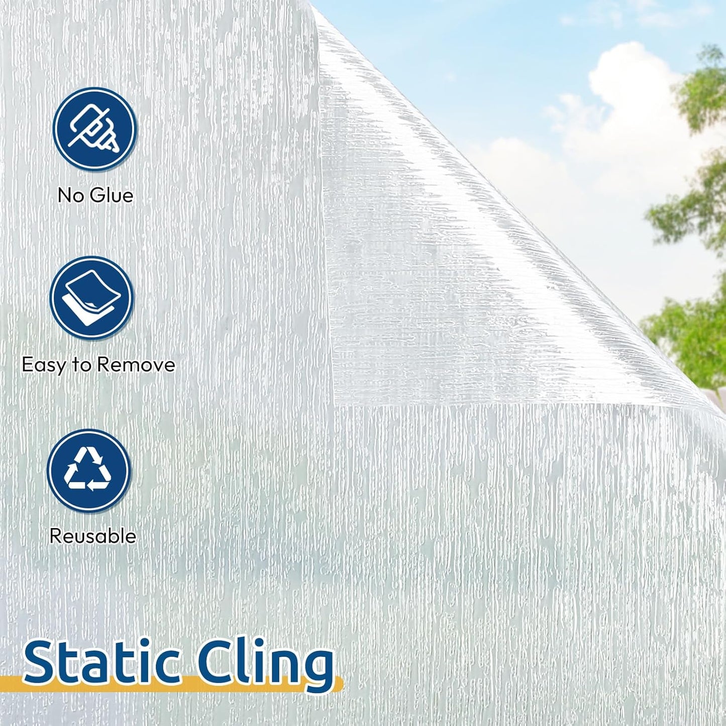rabbitgoo Window Privacy Film Frosted Glass Clings, Decorative Sun UV Blocking Static Cling Window Covering, Removable Frosting Sticker for Home, Rain Silk, 35.4 x 78.7 Inches