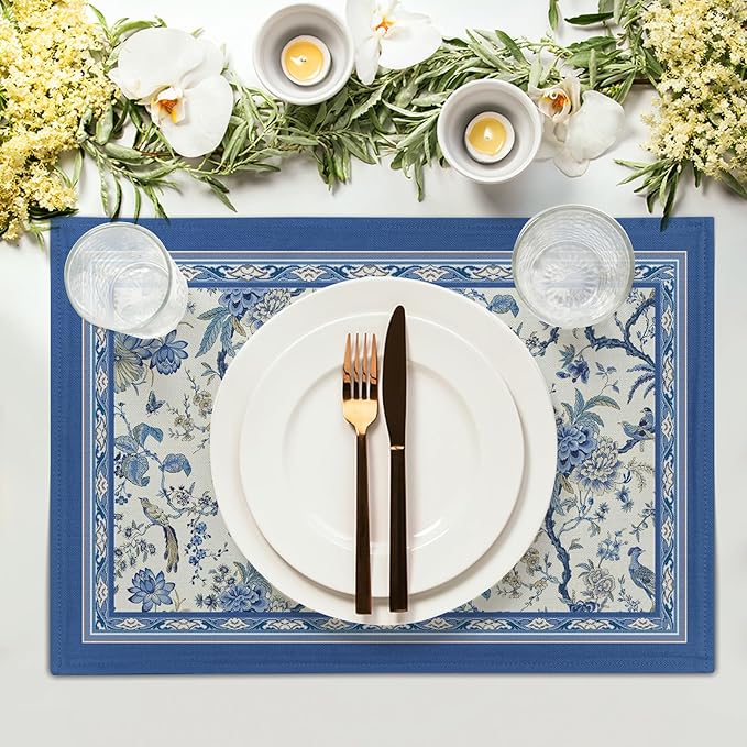 Giwawa 4PCs Chinoiserie Placemats Blue White Floral Birds Decorative Linen Table Mat 12"x18" Oriental Style Classic Flowers Heat Resistant Washable Place Mats for Kitchen Dining Party