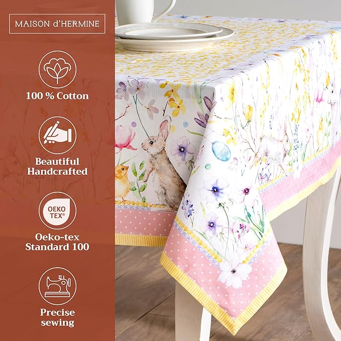 Maison d' Hermine Table Cloth Rectangle Table 100% Cotton 60 x 90 Inches Tablecloth Reusable Decorative for Dining Room, Farmhouse, Home, Party, Festive & Wedding Spring Summer - Easter Zest