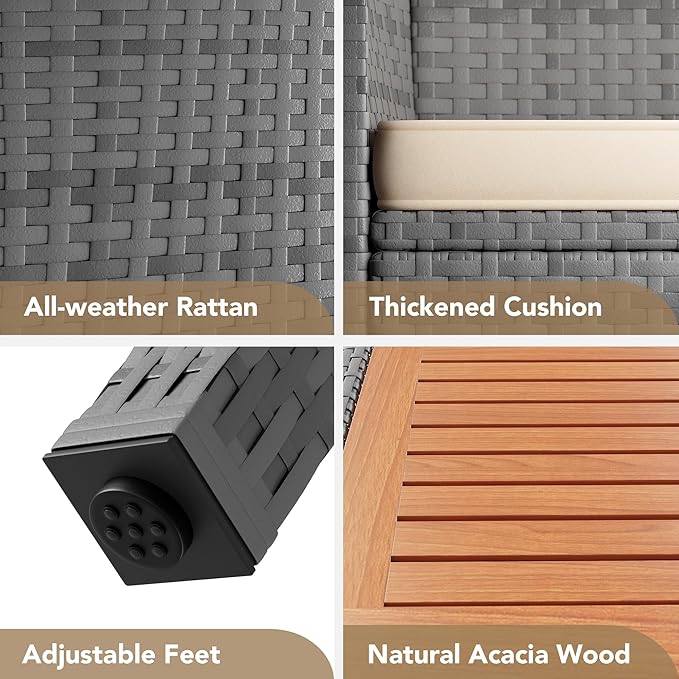 Devoko Outdoor Patio Dining Sets 9 Pieces Wicker Outdoor Dining Table and Chairs Set with Acacia Wood Table Top and Widened Armrests for Backyard, Garden, Deck (Grey)