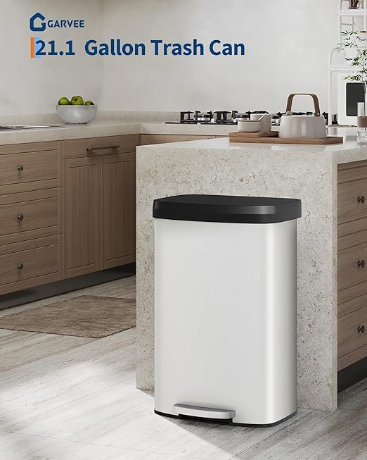 Garvee 21 gal / 80 L Metal Trash Can with Lid, Large Garbage Can for Kitchen, Rustproof Step-on Kitchen Metal Trash Bin with Liner Rim, Rear Handle, Soft Close Plastic Lid, White