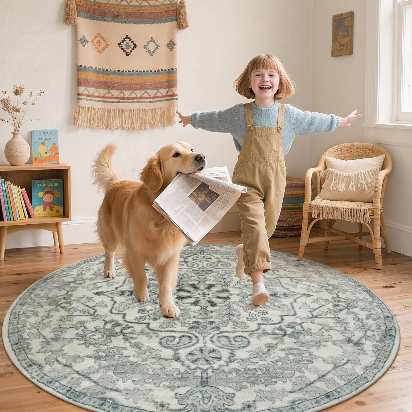 Lahome Round Rug 4ft, Soft Rug for Bedroom Machine Washable Office Circle Rug, Bohemian Medallion Non-Slip Non-Shedding Low Pile Printed Indoor Carpet for Kitchen Laundry Bathroom, Beige