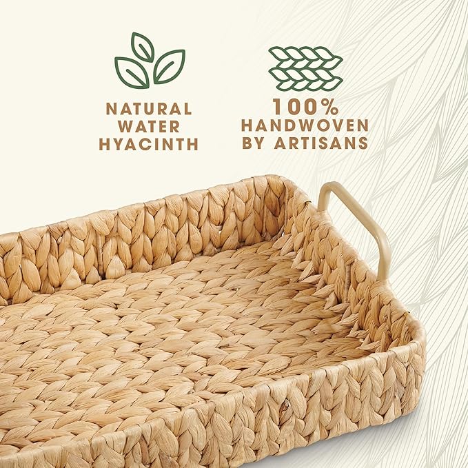 Set of 2 Rectangular Wicker Trays with Handles - Decorative Trays for Coffee Table, Ottoman, Dining Room, Living Room (Natural)
