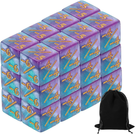 uxcell 24Pcs Magic Dice Counters, Acrylic D6 Life Token Dice Set with Pouch for Standard Cards Gaming Accessories, Blue & Purple