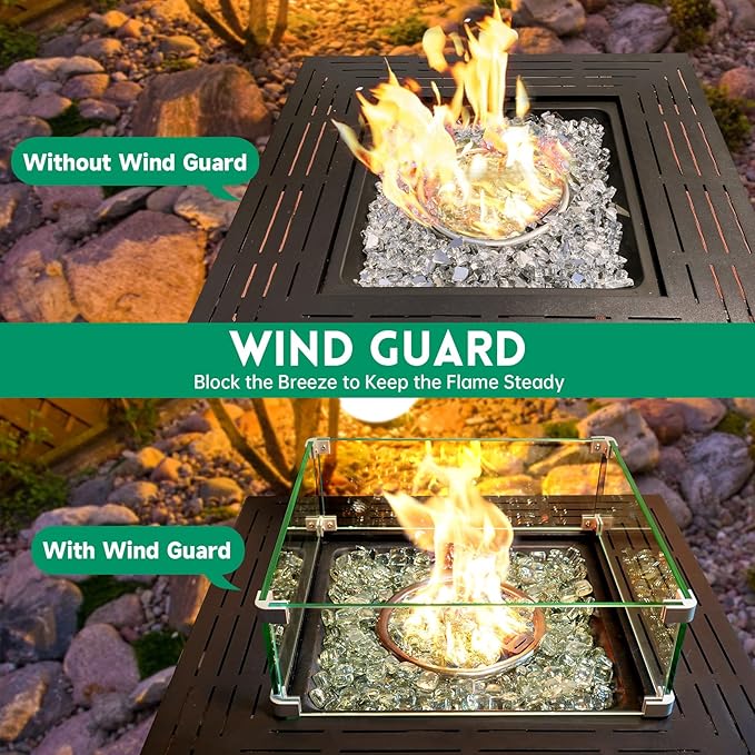 Fire Pit Wind Guard, 15" x 15" Square Tempered Glass Wind Shield for Firepit & Fire Table, Thick Glass and Easy Installation with Included Tools, Airflow Management for Stable Flame
