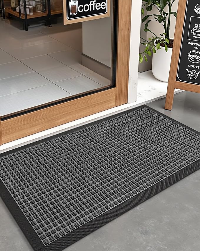 DEXI Front Door Mat Outside Entrance, 2x4 ft Rubber Entry Doormat Heavy Duty, Welcome Mats Non Slip for Inside House Floor Entryway Double Doors Exterior Patio, Squares Grey