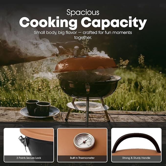 GasOne CG-14T – 14-inch Portable Barbecue Grill with 3-Point Locking Lid for Heat Preservation – Dual Venting System – Small Charcoal Grill for Backyard, Camping, Boat