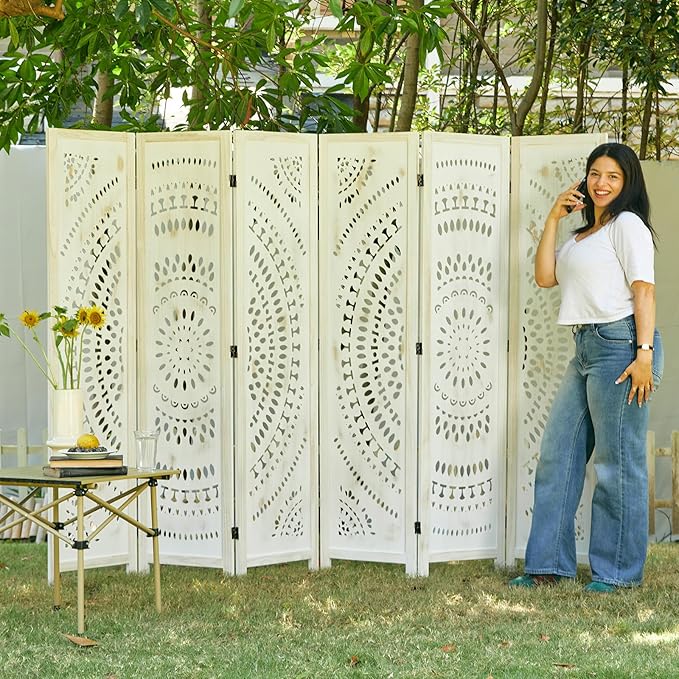 Room Divider Wood Carved Wall Divider Indoor Folding Bohemian Style Portable Partition Screen for Home Office Garden Terrace - 6 Panels (Antique, White-Washed)