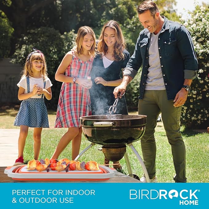 BIRDROCK HOME 2-pack Collapsible BBQ Prep Tub w/Cutting Board, Multi-Function Grill Caddy w/Colander & Lid, Portable Silicone Dish Bowl for Picnic, Tailgate, Camping (Orange, Large)