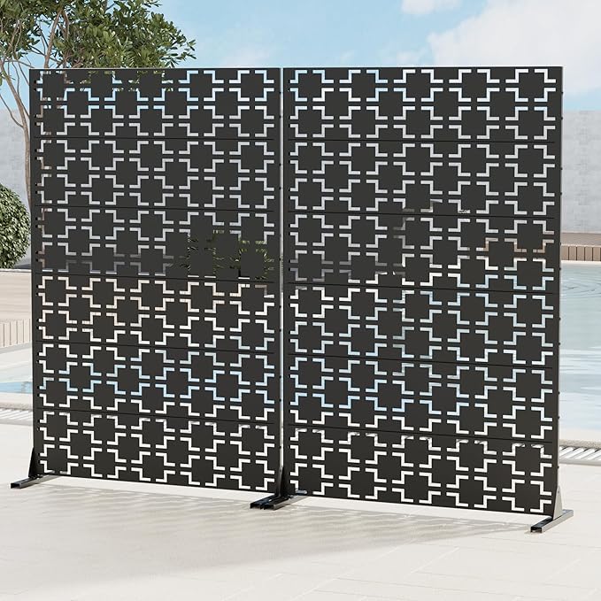 Casaphoria Metal Privacy Screen 72" H x 45" W, 2 Pack Outdoor Freestanding Decorative Divider for Patio & Garden with Stable Base, Black-Brick