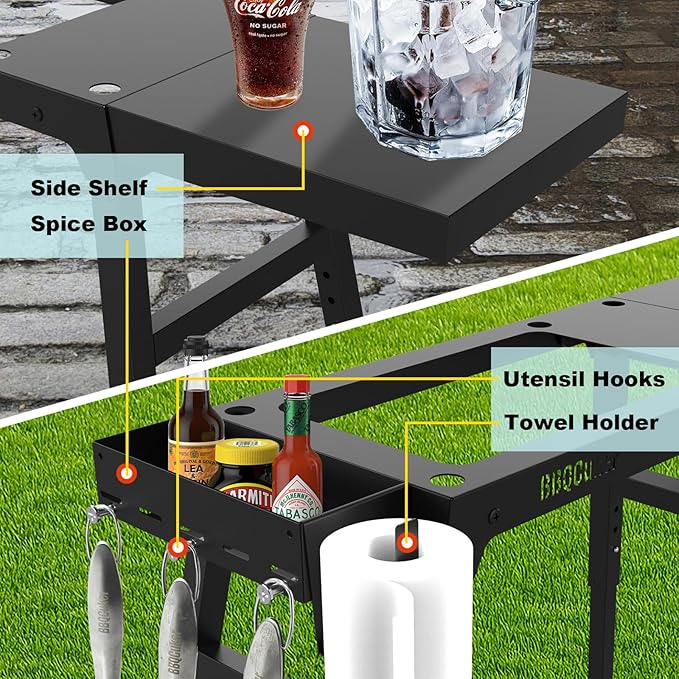 Griddle Stand for Blackstone 17"and 22" Tabletop Griddle, Foldable Grill Table with Adjustable Legs, a Removable Side Shelf, Paper Towel Holder, 3 Tool Hooks and a Spice Box, for RV, Camping