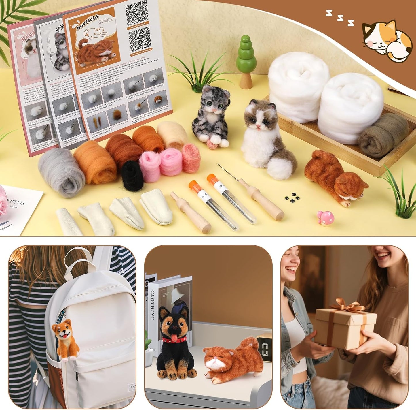 Mayboos 12 Pcs Needle Felting Kit, Animal Needle Felting Beginner Kits Wool Felt Needle Felting Tools with Instruction for DIY Craft Animal Home Decoration