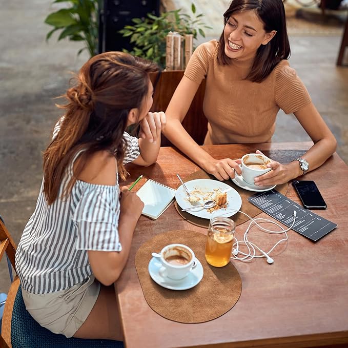 ADRIMER Placemats, Heat Resistant Oval Placemats Set of 4 Washable 12 x 17 Inch, Waterproof Table Mats, Wipeable Pu Place Mats for Kitchen, Dining Room, Sandy Light Brown