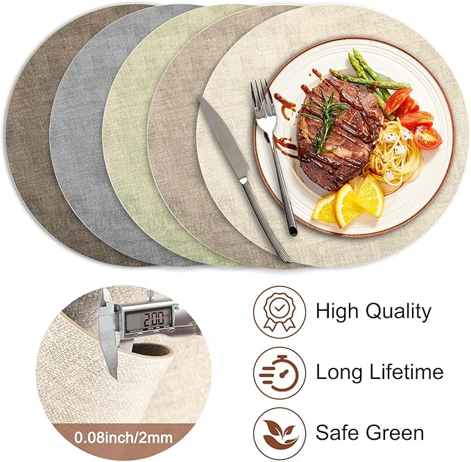 Round Faux Leather Placemats and Coasters, Set of 6, Reversible Heat Resistant Non-Slip Table Mats, Waterproof Wipeable Place Mats for Dining Table, Washable for Indoor & Outdoor (6, Beige)