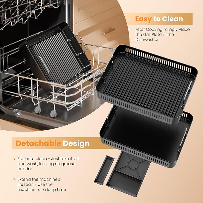 Kismile 2-in-1 Griddle and Indoor Grill,Electric Smokeless Grill with Temperature Probe,Temperature Control & display screen,Portable Smoke-Free Griddle for Indoor Steaks,Vegetables,Family Cooking