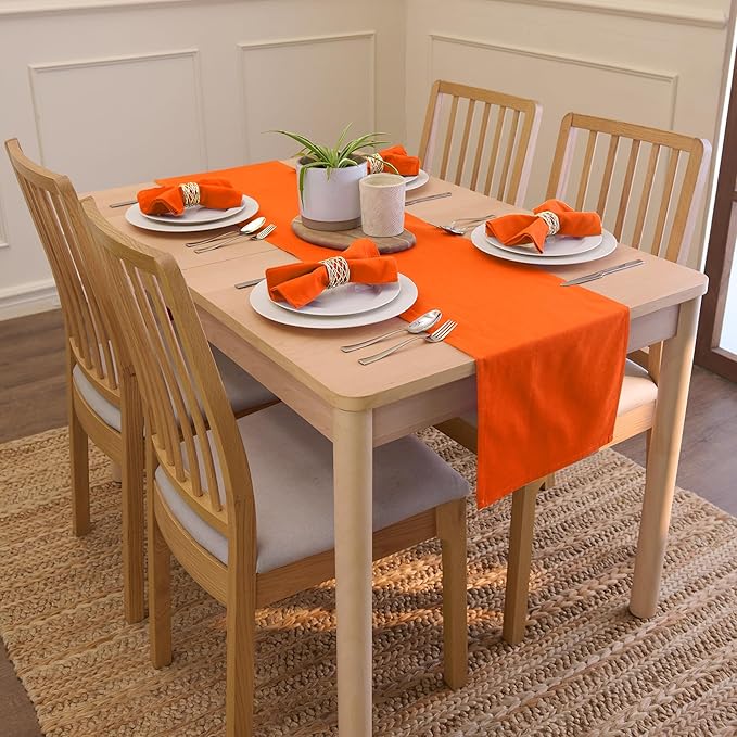 Encasa XO Table Runner 13"x104" Long | Cotton Canvas Fabric | Orange Solid Color | Machine Washable & Durable