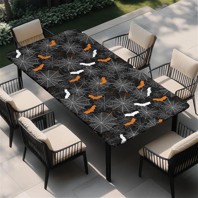 Rectangle Table Cloth Cover Waterproof Elastic Fitted Polyester Fitted Tablecloths for 4 Foot Tables for Indoor,Picnic, Camping, Outdoor （48" x 24"，Halloween）