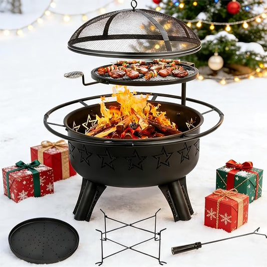 31" 2-in-1 Wood Burning Fire Pit with Swivel BBQ Grills & Spark Screen for Outside - Heavy Duty Outdoor Firepit with Charcoal Pan, Log Rack & Poker - for Backyard, Patio, Garden Bonfire